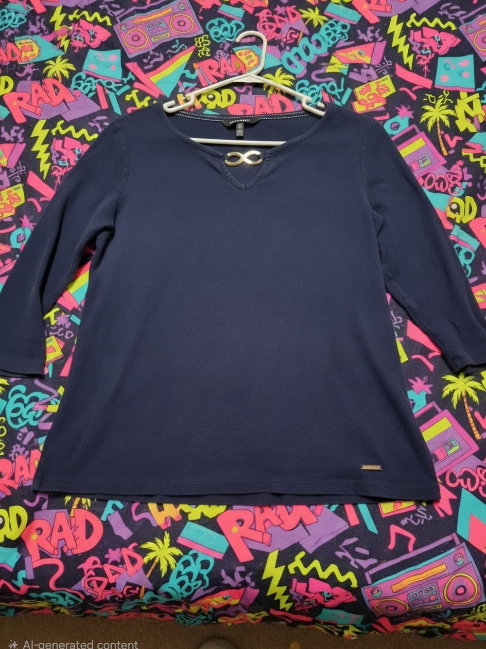 Ellen Tracy Navy 3/4 Sleeve Top with Gold Accent
